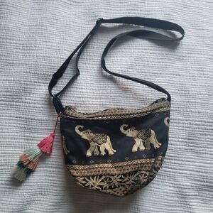Vintage Boho Black and Gold Embroidered Elephant Crossbody Bag